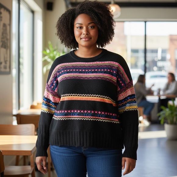easel Sweaters - Easel Black Cozy Grandma Core Chic  Multicolor Patterned Sweater Size 1X
